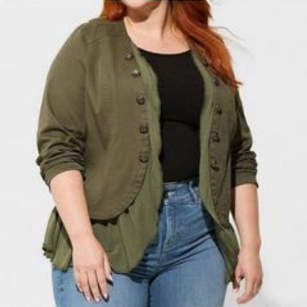 $110 NEW TORRID GREEN TUNIC PEPLUM RUFFLE TWILL LAYERED MILITARY JACKET 4X NWT